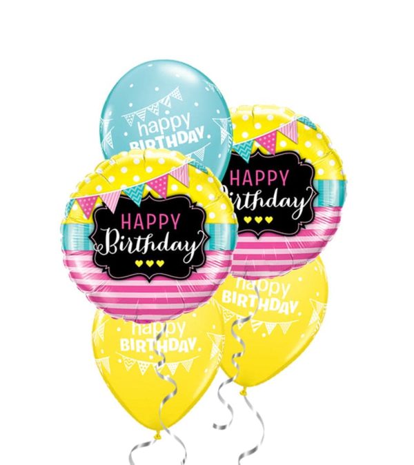 Birthday Pennants & Pink Stripes Foil Balloon Bouquet - Original Balloons