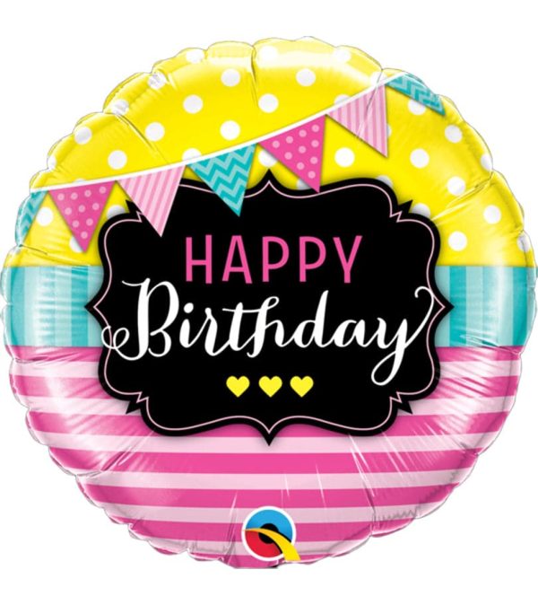 Birthday Pennants & Pink Stripes Foil Balloon - Original Balloons