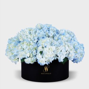 Blue Hydrangea Large Round Box - Black Flowers