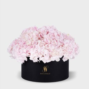 Pink Hydrangea Large Round Box - Black Flowers