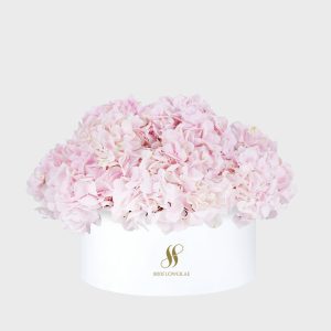 Pink Hydrangea Large Round Box - White Flowers