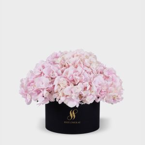 Pink Hydrangea Medium Round Box - Black Flowers