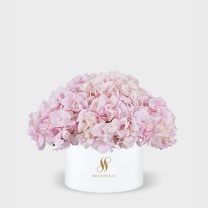 Pink Hydrangea Medium Round Box - White Flowers