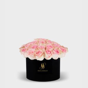 Pink Rose Medium Round Box - Black Flowers