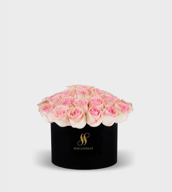 Pink Rose Medium Round Box - Black Flowers