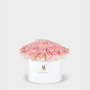 Pink Rose Medium Round Box - White Flowers