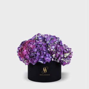 Purple Hydrangea Medium Round Box - Black Flowers