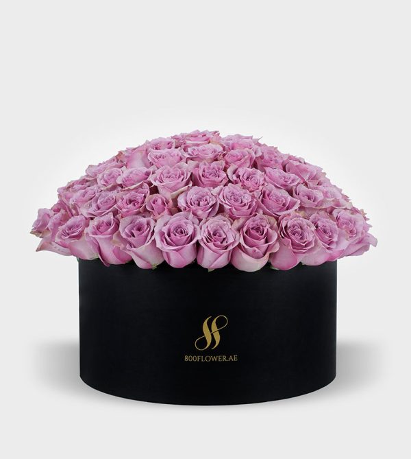 Purple Rose Large Round Box - Black Flowers