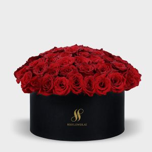 Red Rose Large Round Box - Black Flowers