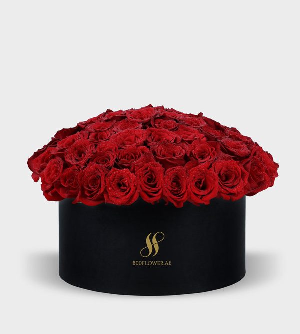 Red Rose Large Round Box - Black Flowers