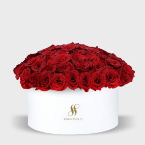 Red Rose Large Round Box - White Flowers