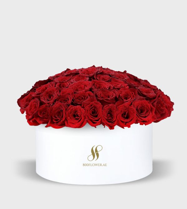 Red Rose Large Round Box - White Flowers