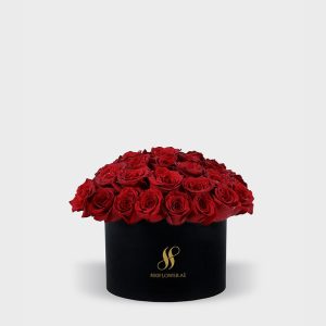 Red Rose Medium Round Box - Black Flowers