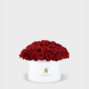 Red Rose Medium Round Box - White Flowers