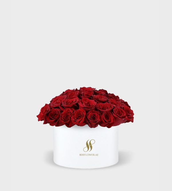 Red Rose Medium Round Box - White Flowers