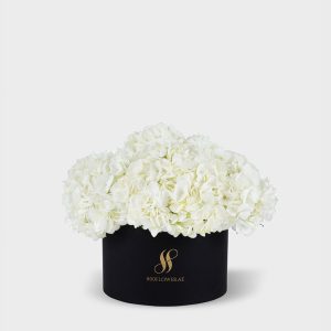 White Hydrangea Medium Round Box - Black Flowers