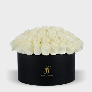 White Rose Large Round Box - Black Flowers