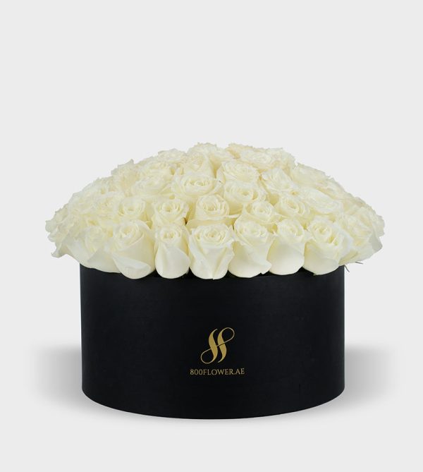 White Rose Large Round Box - Black Flowers