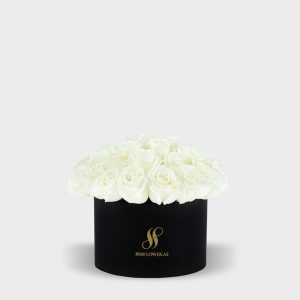 White Rose Medium Round Box - Black Flowers