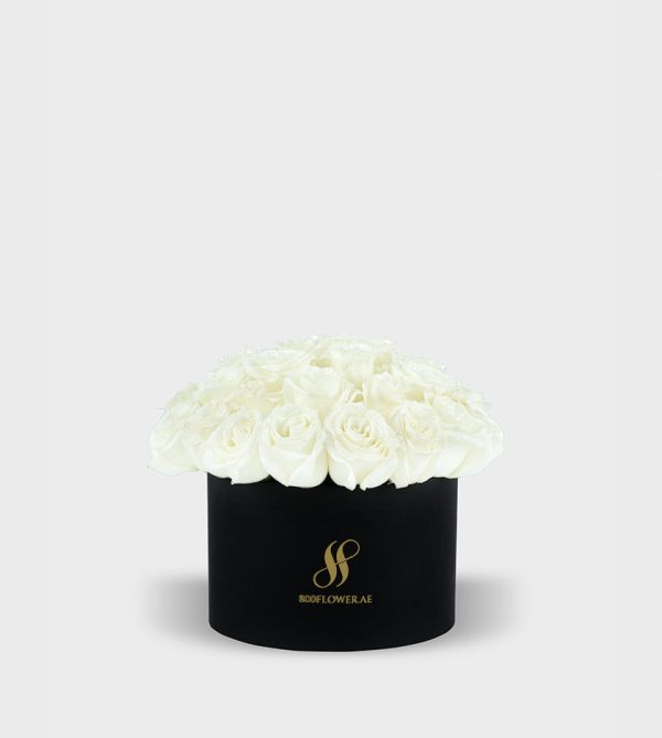 White Rose Medium Round Box - Black Flowers