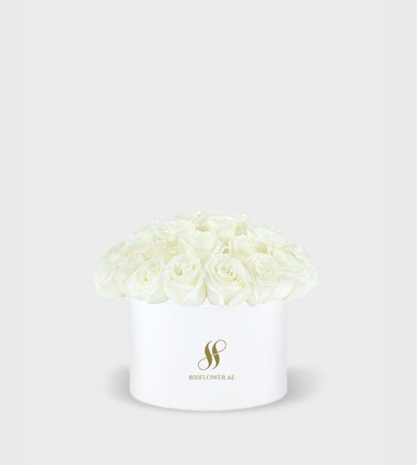 White Rose Medium Round Box - White Flowers