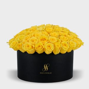 Yellow Rose Large Round Box - Black Flowers