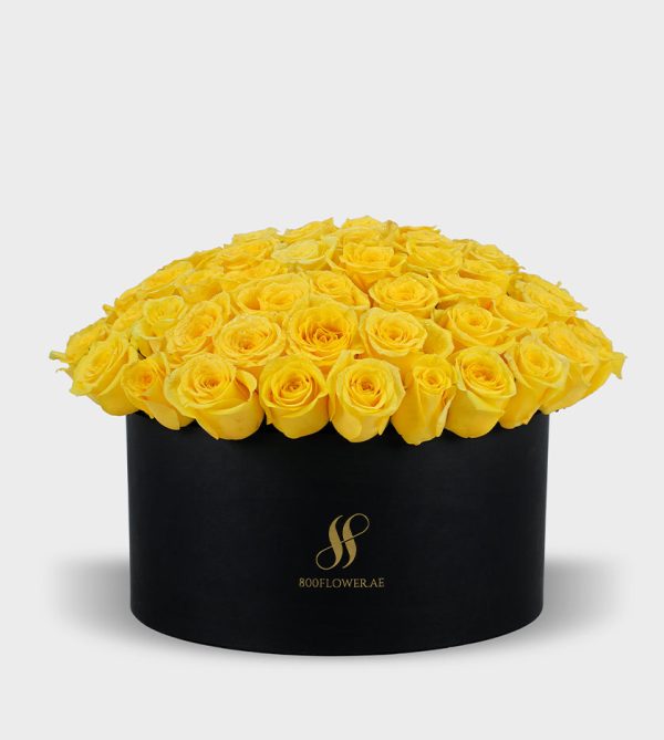 Yellow Rose Large Round Box - Black Flowers