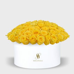 Yellow Rose Large Round Box - White Flowers