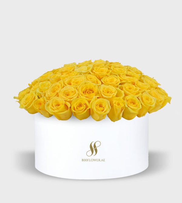 Yellow Rose Large Round Box - White Flowers