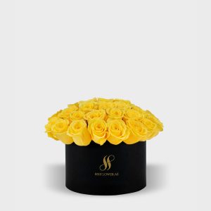 Yellow Rose Medium Round Box - Black Flowers