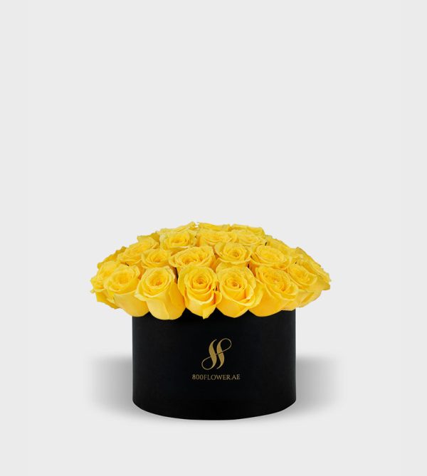 Yellow Rose Medium Round Box - Black Flowers