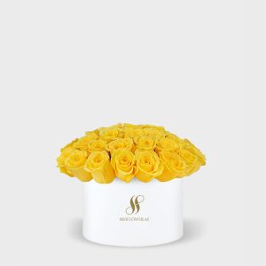 Yellow Rose Medium Round Box - White Flowers