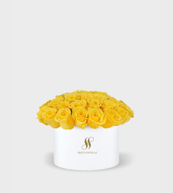 Yellow Rose Medium Round Box - White Flowers